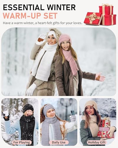 Womens Winter Beanie Hat Scarf Gloves Headband Set, Slouchy Beanie Ear Warmer Knit Scarf Touchscreen Gloves Warm 4 Gift Set - color: Army