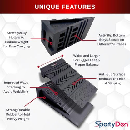 Squat Wedge Block - Non Slip Rubber - 3 Adjustable Angles - Men Shoe Size up to US11-4Pcs Set - Heel Elevated Squat - Calf Raises Ramp - Weight Lift & Stretch - 2 Bands & a Carry on Bag
