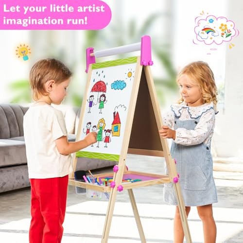Adjustable Double-Sided Magnetic Wooden Easel for Kids with Paper Roll | Kids Easels,Dry Erase Whiteboard and Chalk Board,Eductional Learning Toys for 3 -10 Year Old Girl Boy Gifts - color: Green