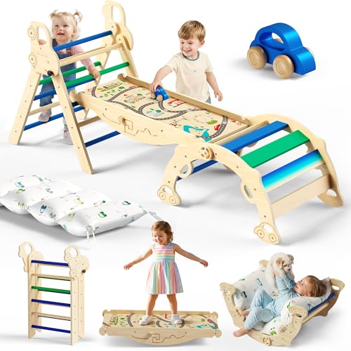 10-in-1 Pikler Triangle Set with Cushion, Glacier Lake | Foldable Montessori Climbing Toys for Indoor Play, Wooden Toddler Gym for Balance, Coordination and Car-track Fun - color: Glacier Lake