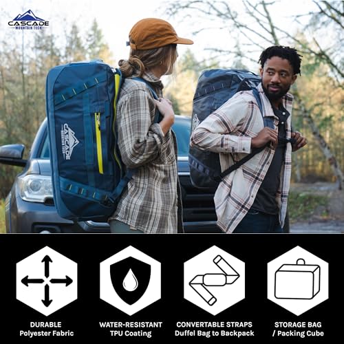 Cascade Mountain Tech 60L Duffle Bag, Convertible Travel Duffel Bag for Men Women, Water Resistant & Tear Resistant - color: Bering Sea Blue