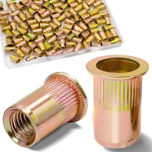 1/4 Rivet Nut, 115Pcs Carbon Steel Zinc Rivet Nuts 1/4-20, 1 4 20 Threaded Insert Rivnut, Flat Head 1 4 x 20 UNC Rivets Nutsert, 1 4 RIV Nuts - color: Yellow, size: SAE 1/4"-20 - 115 Pcs