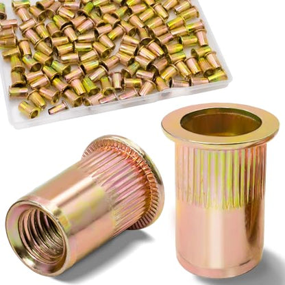 1/4 Rivet Nut, 115Pcs Carbon Steel Zinc Rivet Nuts 1/4-20, 1 4 20 Threaded Insert Rivnut, Flat Head 1 4 x 20 UNC Rivets Nutsert, 1 4 RIV Nuts - color: Yellow, size: SAE 1/4"-20 - 115 Pcs