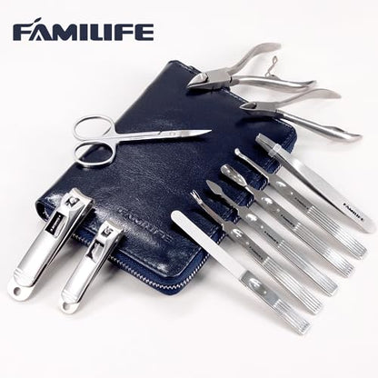 Manicure Kit, FAMILIFE Professional Manicure Set Nail Kit, 11 in 1 Stainless Steel Nail Clippers Set for Men Pedicure Tool, Men Grooming Tool with Portable Blue Leather Travel Case Luxury Gifts - color: Navy Blue