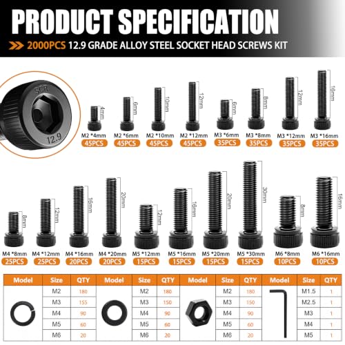 mankk 2000PCS Metric Screw Bolt Assortment Kit M2/M3/M4/M5/M6 Hex Socket Head Cap Bolts Nuts & Washers Set 12.9 Grade Alloy Steel Zinc Plated Metric Machine Screws - size: M2/M3/M4/M5/M6, style: Hex Socket Cap