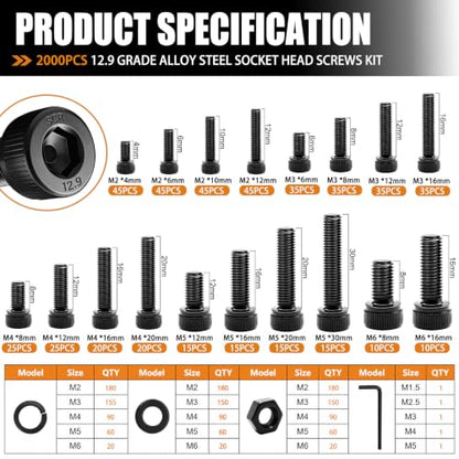 mankk 2000PCS Metric Screw Bolt Assortment Kit M2/M3/M4/M5/M6 Hex Socket Head Cap Bolts Nuts & Washers Set 12.9 Grade Alloy Steel Zinc Plated Metric Machine Screws - size: M2/M3/M4/M5/M6, style: Hex Socket Cap