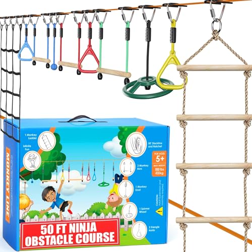 Hyponix Ninja Warrior Obstacle Course for Kids – 2 x 50 ft Slackline with 10 Outdoor Ninja Obstacles, Supports 880lbs – Monkey Net, Ratchet-Tight Tech, Climbing, Swinging & Balance Training, Ages 3+ - color: Multicolor, size: 2 x 50' + 10 Obstacles