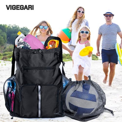 Large Beach Backpack Waterproof Sandproof - Customized Oversized Drawstring Pool Bag with Shoe Compartment for Toiletries, Towels, Gym, Travel - color: Black, size: Large