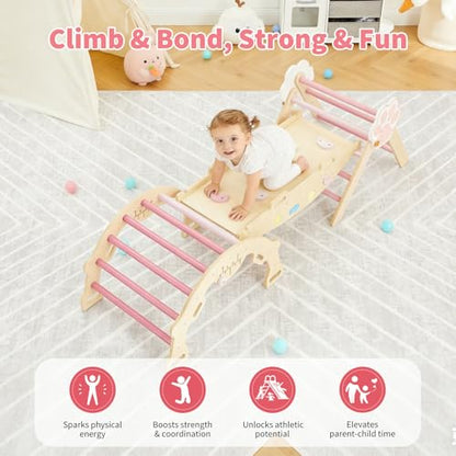 Pikler Triangle Set with Safe Handle, 7-in-1 Montessori Climbing Set for Toddlers, Wooden Pickler Climbing Set, Collapsible Climbing Triangle Climbing Set, Baby Jungle Gym & Playground, for 1-3 Year - color: Pink
