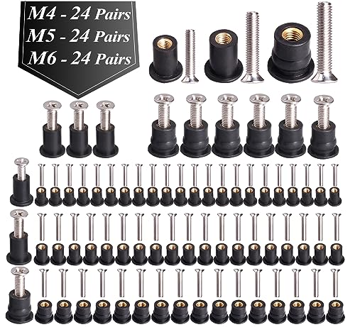 WEDAMER 72 Pairs M4 M5 M6 Neoprene Well Nuts with Stainless Steel Screw M5 Rubber Well Nuts Kayak Brass Copper Bolts Well Nut Kit for Kayak Motorcycle Boat Marine Windscreen Accessories (M4 M5 M6) - color: M4/M5/M6 Each 24 Pairs