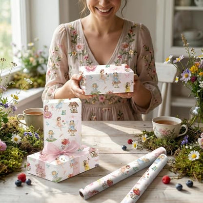 Liobelon Fairy Wrapping Paper Roll – 17" x 16.4 Ft Enchanted Forest Gift Wrap with Mushroom Houses, Flowers & Butterflies – Magical Birthday, Princess Party, Wedding Shower & DIY Craft Supplies - color: Fairy