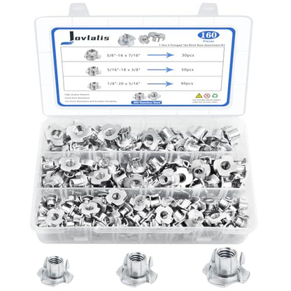 T Nuts 1/4"-20, 5/16"-18, 3/8"-16, Jovlalis 160pcs T-nut 304 Stainless Steel 4 Pronged Tee Blind Nuts Threaded Insert Assortment Kit for Wood, Rock Climbing Holds, Cabinetry, Furniture