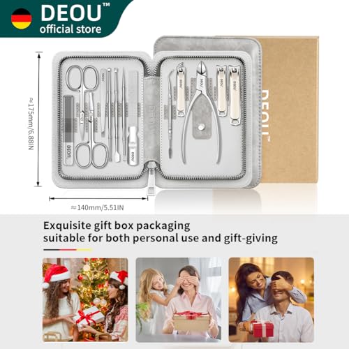 DEOU 13pcs Nail Grooming Kit Stainless Steel Professional Manicure Set Men Nail Care Tools with woman Luxurious Portable Travel Case Gift (Gray) | Manicure Pedicure Kit for Men Women, Nail Care Cuticle Tools, Luxury Finger & Toe Nail Clipper Set, Grey Tra