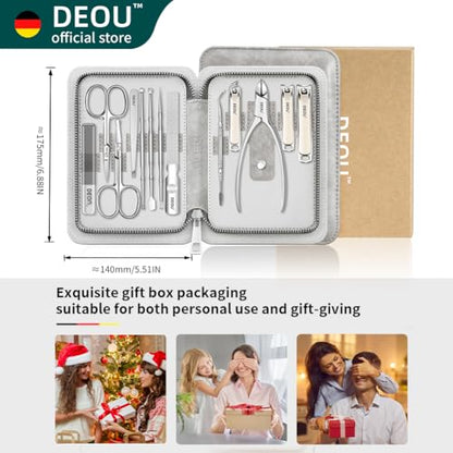 DEOU 13pcs Nail Grooming Kit Stainless Steel Professional Manicure Set Men Nail Care Tools with woman Luxurious Portable Travel Case Gift (Gray) | Manicure Pedicure Kit for Men Women, Nail Care Cuticle Tools, Luxury Finger & Toe Nail Clipper Set, Grey Tra