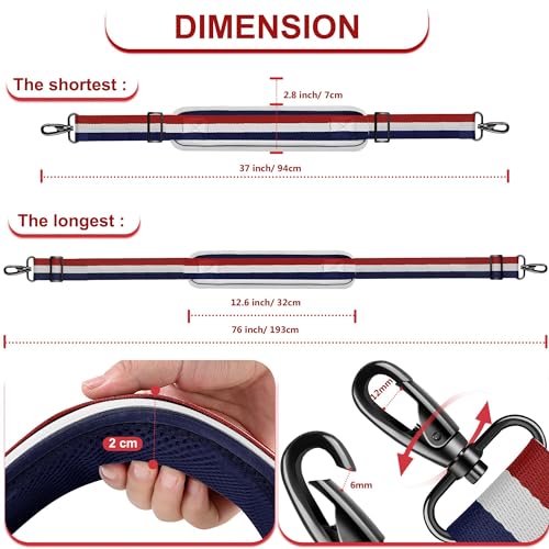 ZINZ Ultra-Thick Fixed Pad Shoulder Strap 76-inch Universal Bag Strap with Breathable Cushion and Dual Balanced Adjustable Buckles for Laptop Bag Luggage Messenger Bag Crossbody etc -Stripe-BWR - color: Stripe-bwr