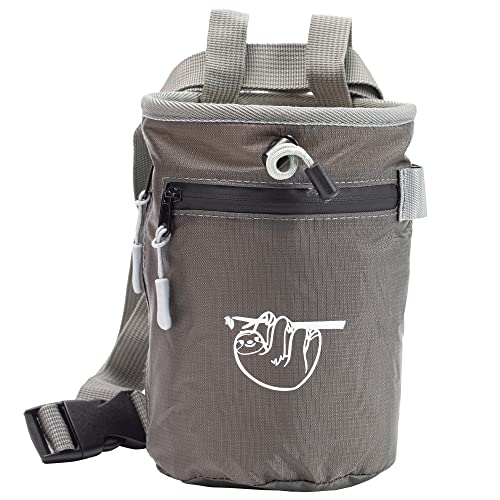 Chalk Bag for Rock Climbing, Climbing Chalk Bag for Bouldering with 2 Large Zipper Storage Pockets, Premium Gym Chalk Bag for Weightlifting, Great Gift and Rock Climbing Gear - color: Charcoal Grey