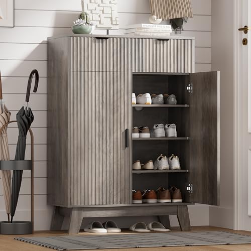 HUANLEGO Shoe Cabinet Storage for Entryway with Doors, Grey | 4 Tier Fluted Shoe Organizer with 2 Drawers, Shoe Storage with Adjustable Shelves, Freestanding Hidden Shoe Rack for Entryway - color: Grey, size: 4 Tier