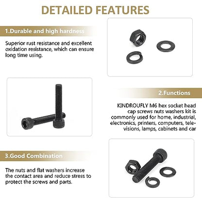 82 Pieces Black M6 x 30/35 /40/45 /50 mm Hex Socket Head Cap Screws Nuts Washers Assortment Kit, 12.9 Grade Alloy Steel - size: M6 x 30/35/40/45/50mm, style: Socket Head