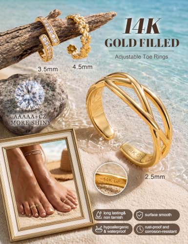 FIASASO 3Pcs Gold Filled Toe Rings for Women Non Tarnish 14K Gold Filled Toe Ring Adjustable Flower Cz Dainty Toe Ring Summer Beach Open Toe Rings Set Toe Jewelry Foot Jewelry - color: 14K Gold Filled flower
