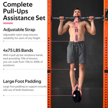 Pull Up Assistance Bands Set, Heavy Duty Adjustable Pull Up Assist Band with Feet Rest, Strength Training Bands for Home Gym Fitness, Pull-Up Bar, Calisthenics and Body Stretching - color: Pink