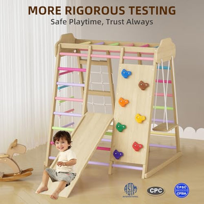 9 in 1 Indoor Playground for Kids, Montessori Wooden Toddler Jungle Gym Indoor with Slide, Swing, Rope Ladder, Climbing Net, Rock Wall and DIY Name Stickers, Playground Playset for Boys and Girls