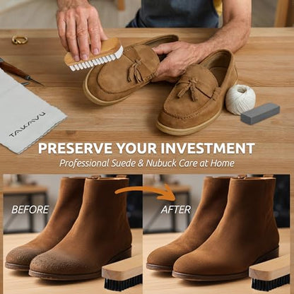 TAKAVU Suede & Nubuck Cleaning Kit, Crepe & Brass Brush, Eraser Block | Restores Suede Shoes & Boots, Includes Microfiber Towel, Brass Bristle Brush & Rubber Cleaning Block