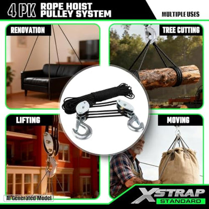 XSTRAP STANDARD 65FT Rope Hoist 4000Lbs Break w/2PK 8FT Lift Sling Black | 4000Lbs Break Strength, rust-proof block & tackle hoist, UV-resistant polyester sling, safety hooks, for garage & hunting - color: 65ft Black with Lift Sling