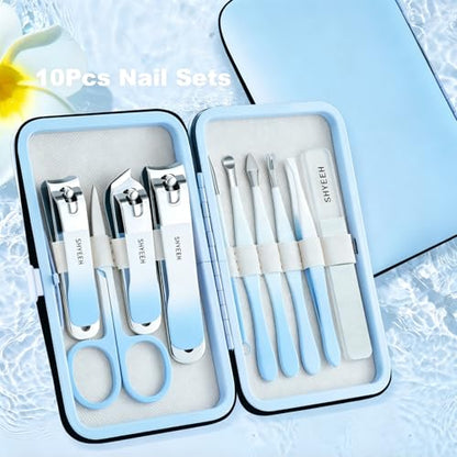 Manicure Set, 10 pcs High-Carbon Steel Nail Clippers Set, Portable Mini Manicure and Pedicure Kit, Travel Grooming Nail Kit with Leather Bag for Men and Women - color: Blue