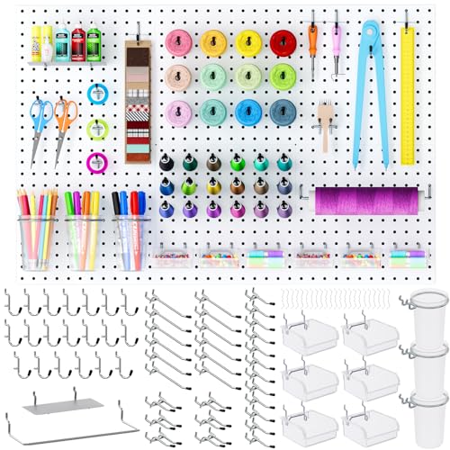INCLY 90PCS Metal Peg Board Kit with 1/4" Pegboard Accessories | 6 Pack Panels, Bins, Cups and Peg Board Hooks, Paper Towel Holder, Pegboard Wall Organizer, For Craft Room, Office, Sewing - size: 90 PCS