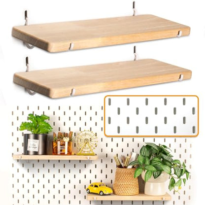 2 Pack Solid Wood Pegboard Shelves ONLY for IKEA Skadis | Natural Hardwood, Pegboard Shelf with Hooks Compatible with IKEA Skadis Pegboard, Pegboard Accessories For Home & Office