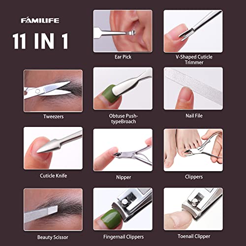 FAMILIFE Manicure Set, Nail Clippers Set Professional Manicure Kit 11 in 1 Stainless Steel Pedicure Tools Nail Kit Mens Grooming Tool with Portable Leather Travel Case Dark Violet Birthday Gifts - color: Purple