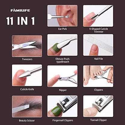 FAMILIFE Manicure Set, Nail Clippers Set Professional Manicure Kit 11 in 1 Stainless Steel Pedicure Tools Nail Kit Mens Grooming Tool with Portable Leather Travel Case Dark Violet Birthday Gifts - color: Purple