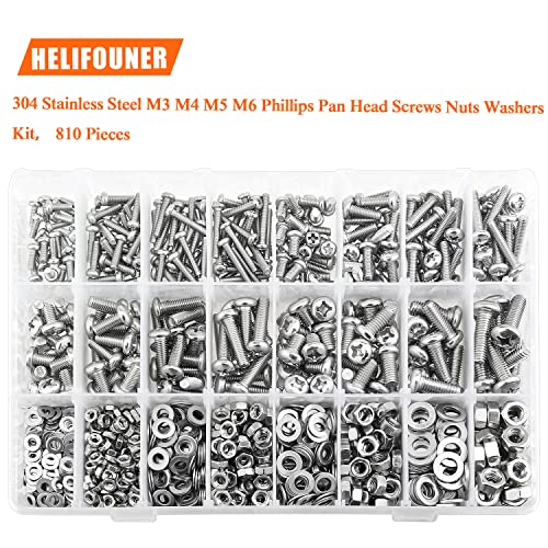 HELIFOUNER 810 Pieces M3 M4 M5 M6, 304 Stainless Steel Phillips Pan Head Machine Screws Bolts Nuts Washers Hardware Assortment Kit - size: M3 M4 M5 M6 (810 Pieces), style: Phillips Pan Head Machine Screws