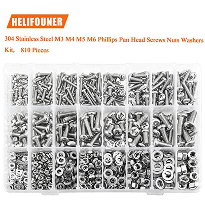 HELIFOUNER 810 Pieces M3 M4 M5 M6, 304 Stainless Steel Phillips Pan Head Machine Screws Bolts Nuts Washers Hardware Assortment Kit - size: M3 M4 M5 M6 (810 Pieces), style: Phillips Pan Head Machine Screws