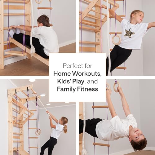 WEDANTA Wooden Swedish Ladder Wall Set – Kids Stall Bars for Exercise – Kids Swedish Gymnastic Wall Gym – Wood Stall Bar Gymnastics Playground – Best Gym for All Family - color: Wood