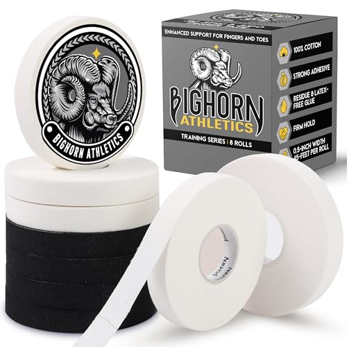 Bighorn Athletics Finger Tape, 0.5-Inch x 45-Feet, 8 Rolls, Black/White | Athletic Sports Tape for Jiu Jitsu, Climbing, Volleyball, Golf. Hands & Toes Support. Residue-Free, Zinc Oxide Adhesive. - color: Black & White, size: 0.5-Inch