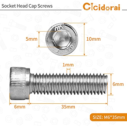 M6-1.0 x 35mm Socket Head Cap Screws Bolts, 304 Stainless Steel (A2-70), Allen Socket Drive, Bright Finish, Full Machine Threads, Quantity 25 - size: M6 x 35mm(25 PCS)