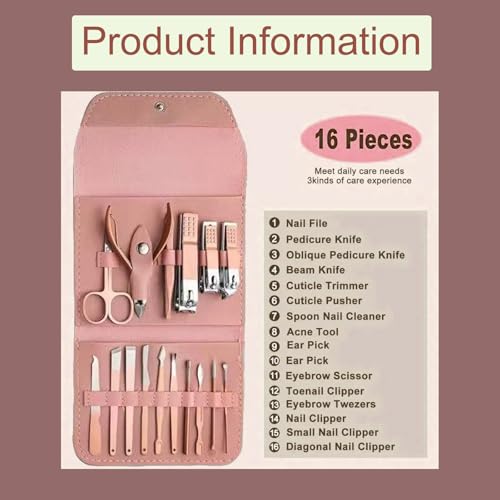 16 pcs Manicure Set Nail Clippers Pedicure Kit Stainless Steel Tools Portable Travel Case for Thick Nails(Rose Gold) - color: Rose Gold