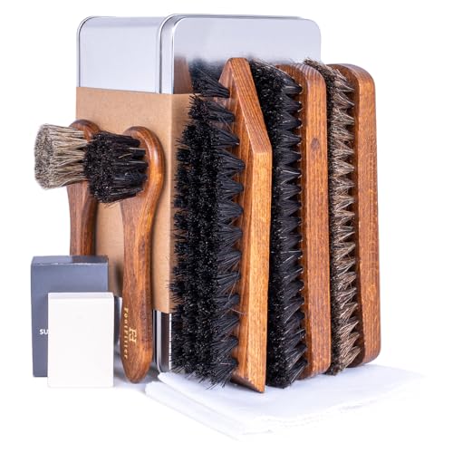 FootFitter Premium Shoe Care Brush Set, Horsehair Shine Brushes & Tools | Professional Genuine Horsehair Brushes & Accessories in Metal Storage Tin to Shine & Restore Shoes (Made in Germany) - color: Advanced Kit