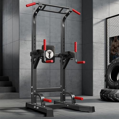 SogesPower Multi-Function Power Tower Pull Up Bar Station for Home Gym | 10-Level Adjustable Height Pull Up Bar Stand Dip Station Strength Training Workout Equipment - color: Black