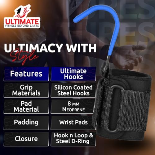 Ultimate Weight Lifting Steel Hooks Pair Heavy Duty Gym Lifting Hooks Wrist Straps - Heavy Lifting - Deadlift Straps for Powerlifting Adjustable Neoprene Fitness Workouts