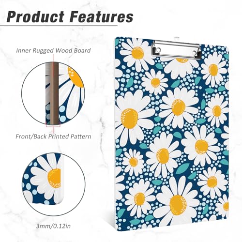 Rimilak Wood Clipboard, 8.5x11 Hardboard Clip Board, Daisy Flower | Fun Design, Cute Custom Pattern, 9 x 12.5 in Letter Size for Classroom, Teachers, Kid, Woman, School & Office Supply - color: Daisy Flower