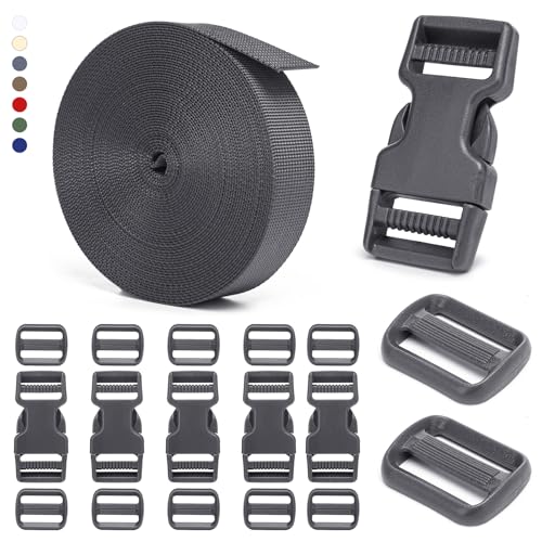 BEYOURD 1 inch Buckles and Strap Set: 10 Yards Polyester Webbing Strapping, 6 Pack Dual Adjustable Side Release Plastic Buckles, 12 PCS Tri-Glide Slider Clips for Backpack Repair, Gray - color: Medium Gray