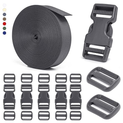 BEYOURD 1 inch Buckles and Strap Set: 10 Yards Polyester Webbing Strapping, 6 Pack Dual Adjustable Side Release Plastic Buckles, 12 PCS Tri-Glide Slider Clips for Backpack Repair, Gray - color: Medium Gray
