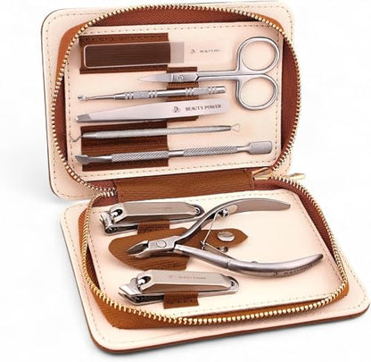 Beauty Power 9 in 1 Professional Manicure Pedicure Set - Stainless Steel Nail Clippers, Nano File, Cuticle Nipper, Scissors, Tweezers, Travel PU Leather Case for Men & Women - Father's Day - Brown - color: Brown