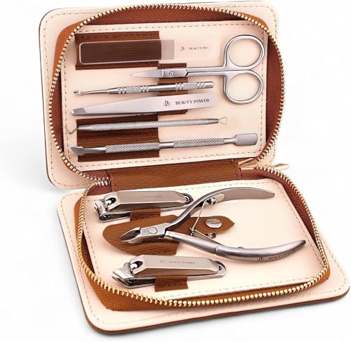 Beauty Power 9 in 1 Professional Manicure Pedicure Set - Stainless Steel Nail Clippers, Nano File, Cuticle Nipper, Scissors, Tweezers, Travel PU Leather Case for Men & Women - Father's Day - Brown - color: Brown