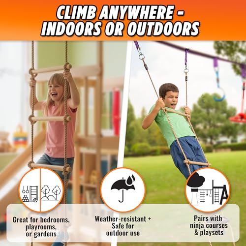 Wooden Rope Ladder for Kids - 6ft Tree Climbing Ladder with Carabiners | Real Wood Rungs, Heavy-Duty Rope, Holds 220 lbs, No-Tool Setup, for Treehouse, Swing Sets and Ninja Warrior Obstacle Course