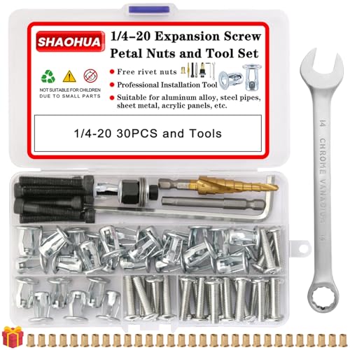 1/4-20 Jack Nuts Petal Nuts Expansion Screws with Installation Tool, Anchor Fasteners for Hollow Wall, Metal Sheet, Drywall, Aluminum Panel, Plastic, Polywood, Pressboard, Furniture, Cars - size: B. 1/4-20
