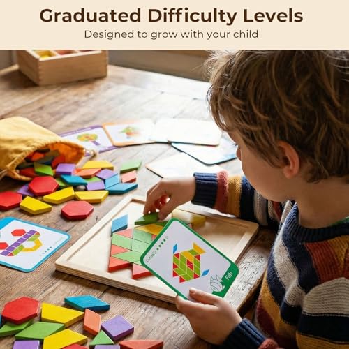 LovesTown 209 PCS Shapes Wooden Pattern Blocks for Kids, Geometric with Activity Cards and Storage Bag, Educational Tangram Puzzles,Great Learning Gift from Parents or Teachers (Pack of 2) - size: 230 (Pack of 2)