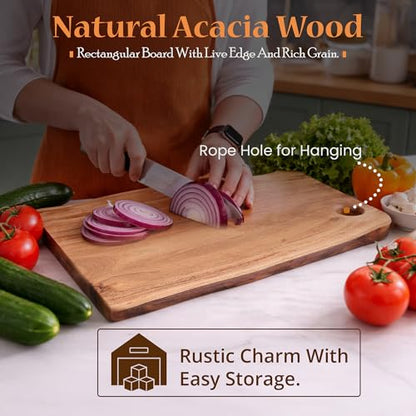 GoCraft Acacia Wood Live Edge Cutting Board – with Hole for Hanging | Rustic Rectangular Wooden Chopping Board | Charcuterie Cheese Tray | Food Serving Platter | Farmhouse Décor (Large) - size: 21"L x 12"W